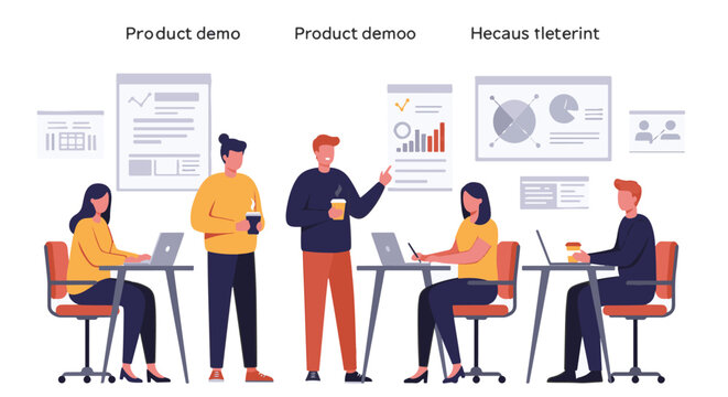 Flat vector illustration of a product demo presentation with people in a meeting room.
