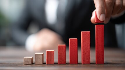 Businessman hand stacking red wooden blocks as a rising bar graph symbolising success and business growth