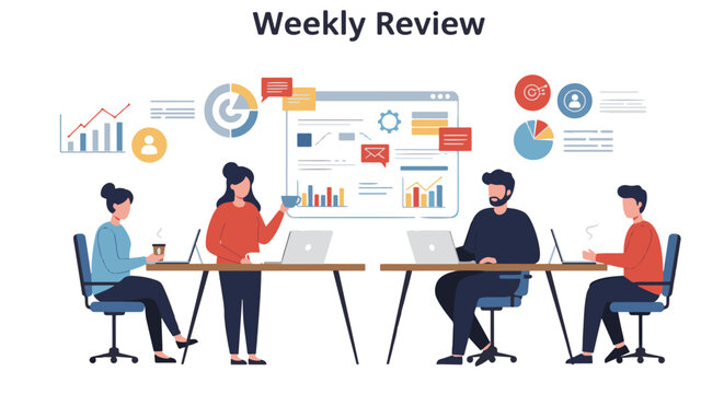 Diverse team of professionals conducting a weekly business review meeting with data analysis.