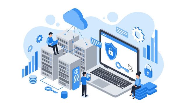 Modern isometric vector illustration depicting cloud computing infrastructure, secure server management, cybersecurity data protection, and network analytics for digital business technology