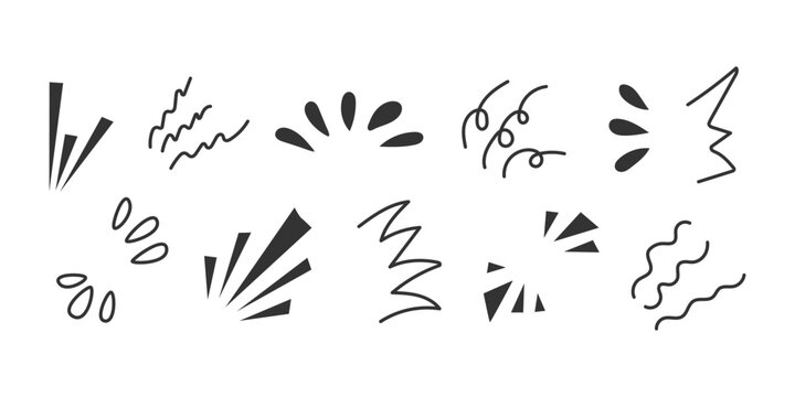 Hand drawn doodle accents. Expressive playful highlights. Sketchy design accent collection. Sparkle explosion shine motion burst comic element