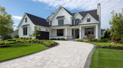 Modern luxury farmhouse exterior with white board and batten siding, black window frames, and a curved stone paver driveway