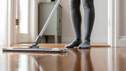 Person in gray leggings mopping wooden floor with a gray mop