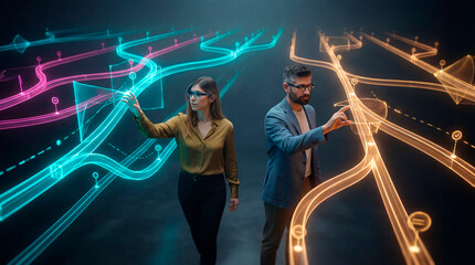 Decision analysts navigating holographic decision pathways inside a dark studio