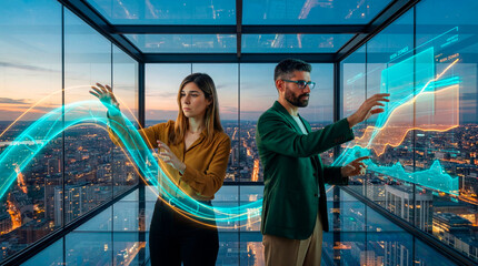 Financial analysts adjusting holographic growth and risk charts inside a glass sky office