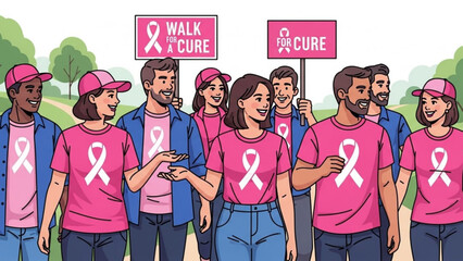 Diverse group of people walking together wearing pink shirts and ribbons for breast cancer awareness with signs with pink ribbon and walk for a cure