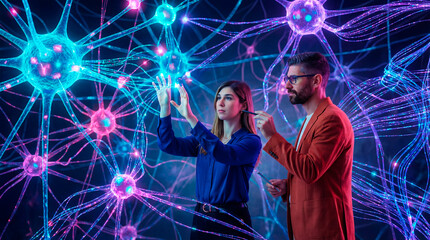 Researchers examining a holographic neural network model inside a dark technology lab