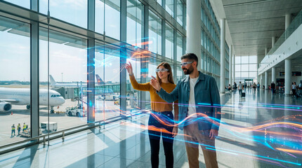 Airport terminal demonstration of a holographic flight data interface by two travelers