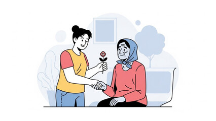 Smiling young woman giving a flower to a senior woman in a cozy living room setting with a warm atmosphere and friendly interaction with care