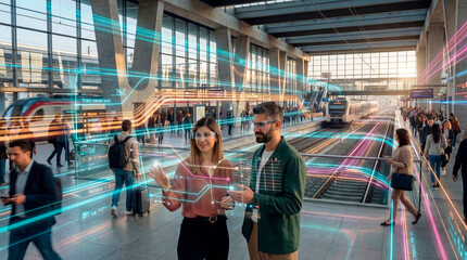 Commuters analyzing real time transit data through a holographic system at a train station