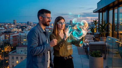 Rooftop sunset collaboration as colleagues explore a holographic interface above the city