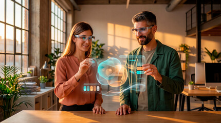 Sunlit studio collaboration shaping holographic fluid 3D interface prototypes