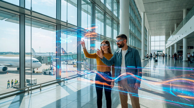 Airport terminal demonstration of a holographic flight data interface by two travelers