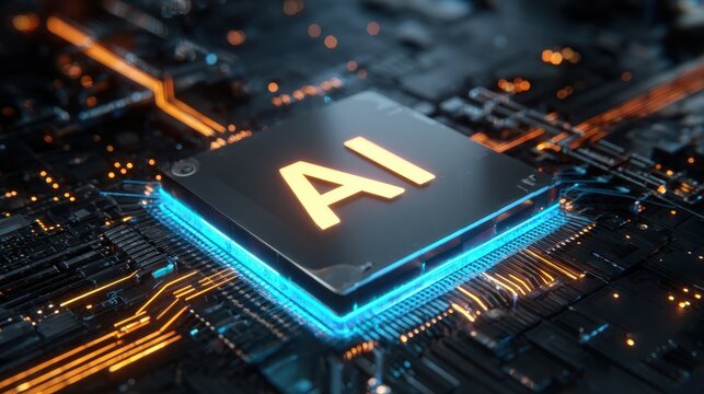 Futuristic artificial intelligence AI computer chip glowing on a complex circuit board motherboard - Powered by Adobe