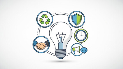 Business concept with light bulb and icons representing ideas and innovation with sustainability and security and strategy and planning and recycling