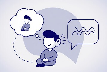 Thoughtful man contemplating ideas in a creative space, featuring speech bubble and dreamy cloud imagery representing imagination and introspection.