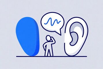 Person Interacting with Large Ear and Sound Wave, Depicting Hearing, Communication, and Listening Concepts in Modern Flat Design Style