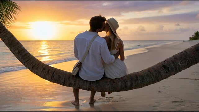 Couple sitting on a palm trunk with cocktails turns to each other and kisses tenderly against the backdrop of a golden sunset ocean