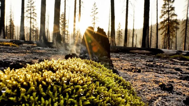 A resilient patch of green moss grows on a charred log in a forest, surrounded by burnt trees and smoldering embers