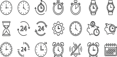 Essential collection of modern outline icons depicting various time-related concepts like clocks, stopwatches, alarm systems, and scheduling for efficient time management and digital interfaces