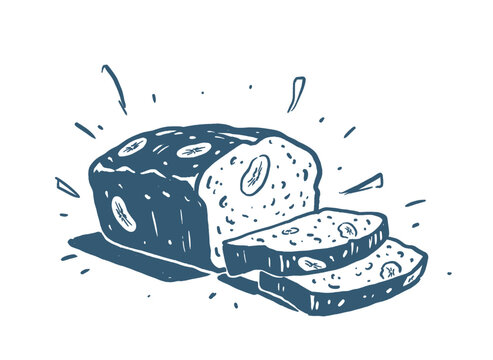 Sliced Banana Bread Sketch.Hand Drawn Loaf Illustration.Vintage Bakery Monoline Art.Retro Nut Bread Doodle.Homemade Cake Engraving Style