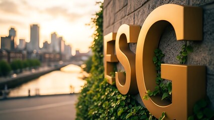 Large golden letters E S G on a stone wall with city skyline and river at sunset