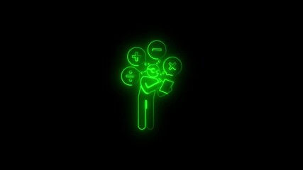 green Neon Mathematician Icon with Floating Math Symbols on Black Background, Glowing Student Silhouette Reading Book with Math Icons Animation, Animated Neon Figure Thinking About Mathematic