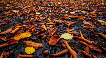 Ground covered with brown and yellow autumn leaves, acorns scattered among them, showcasing nature's seasonal change and earthy tones