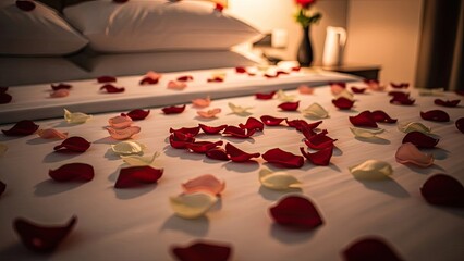 Ornate wooden treasure chest surrounded by vibrant red rose petals and flickering candlelight, creating an atmosphere of romantic mystery and luxurious elegance on a grand mahogany table