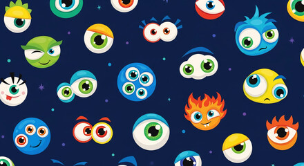 Colorful cartoon eyes and monster faces pattern on dark blue background, playful and fun design, ideal for kids, textiles, or digital use