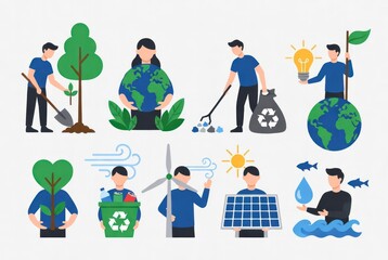 Engaging Illustrations of Environmental Protection with Characters Promoting Sustainability through Recycling, Planting, and Renewable Energy Solutions