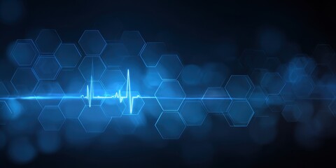 Abstract medical technology background with heartbeat pulse trace and glowing blue hexagonal pattern