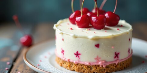 Delicate Lambeth cake, white frosting, cherries , frosting, cream cheese frosting, white frosting