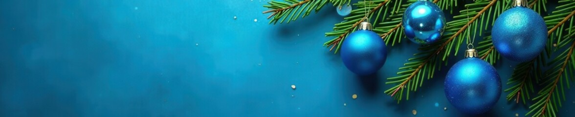 Fir branches, blue baubles, festive ornaments, vibrant blue background, happy holidays, design
