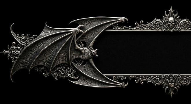 Silver bat with ornate wings, centered on a dark rectangular frame detailed with skulls and scrollwork, showcasing gothic aesthetic, ideal for Halloween or dark fantasy themes