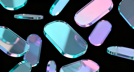 3D abstract background with floating glossy glass blocks, featuring crystal-clear rectangular shapes with pink and blue holographic gradient reflections — a futuristic digital tech banner.