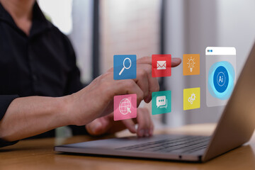 Businessman using AI technology on digital tablet for data analysis, automation, and content creation. Artificial intelligence in business tech innovation concept.