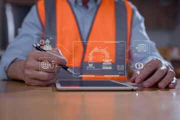 Engineer using digital tablet to control and monitor robotic arm system in smart factory. Industrial automation, predictive maintenance, and IoT technology in manufacturing innovation concept.