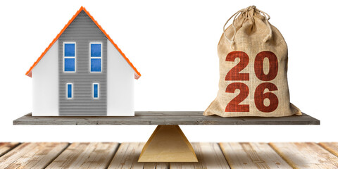 2026 REAL ESTATE PLANNING -  Budget 2026, tax, loan, property investment - Business and financial concept in building activity and construction industry with home model