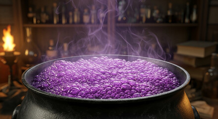 Close-up of bubbling purple potion in black cauldron, steam rising, set in a dark, mystical laboratory, showcasing magic and alchemy