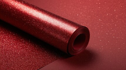 Roll of shimmering red glitter decorative paper on matching red background