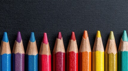 Row of colorful colored pencils on dark chalkboard background