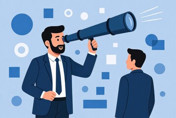 Businessman Using Telescope to Analyze Future Opportunities in Modern Office Setting with Calm Blue Background and Geometric Shapes