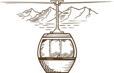 Cable car gondola traveling above mountainous landscape with snowy peaks and sky
