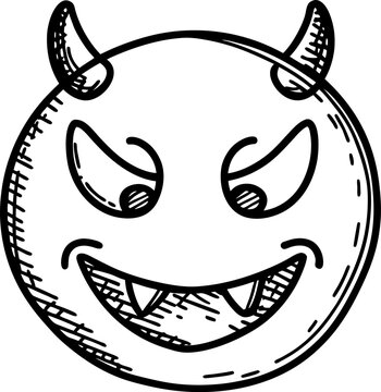 Hand drawn devil face with horns and mischievous expression, black and white sketch