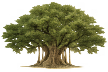 Banyan fig tree with aerial roots on transparent background for nature, environment, and botanical designs