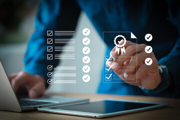 Manager conducting online audit of quality management system for ISO certification.