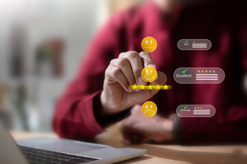Client review and ranking concept on virtual screen with happy face.