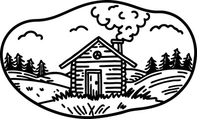 Obraz premium Cozy log cabin with smoke from chimney in peaceful countryside landscape with hills and pine trees