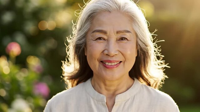 Smiling older Asian woman appreciating the beauty of nature in the warm sunlight during the day